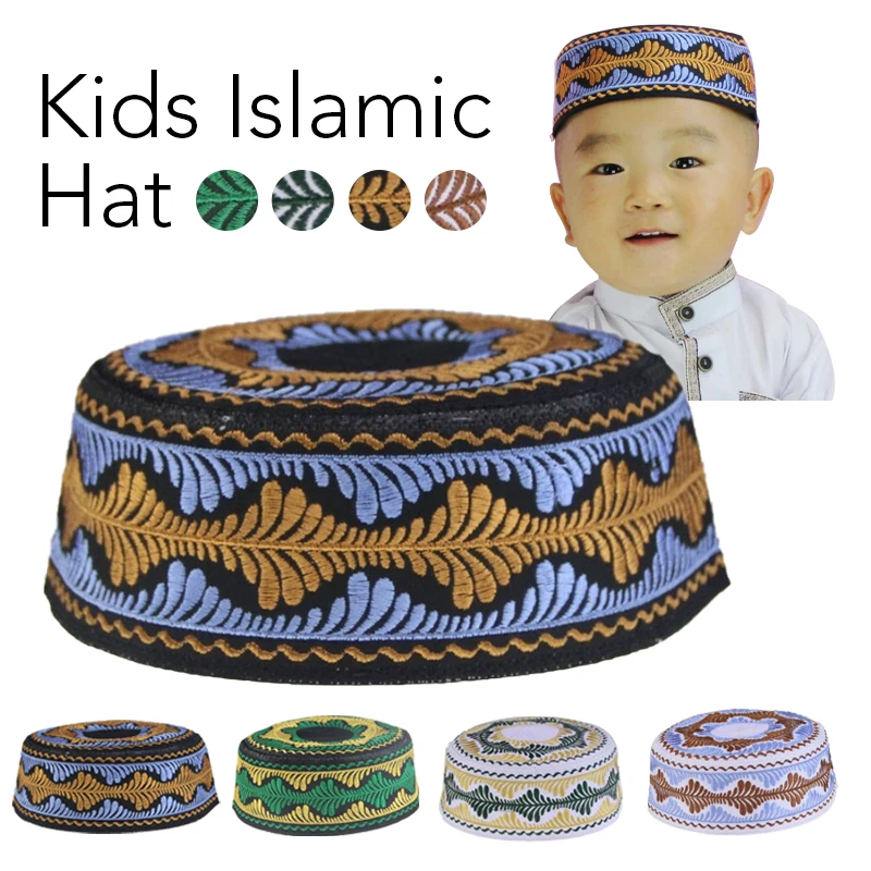 Kids Muslim Prayer Kufi Hat Prayer Headwear Cap Islamic Beanie Skull Cap Embroidery Kofia Topi Sun Hat Round Cap