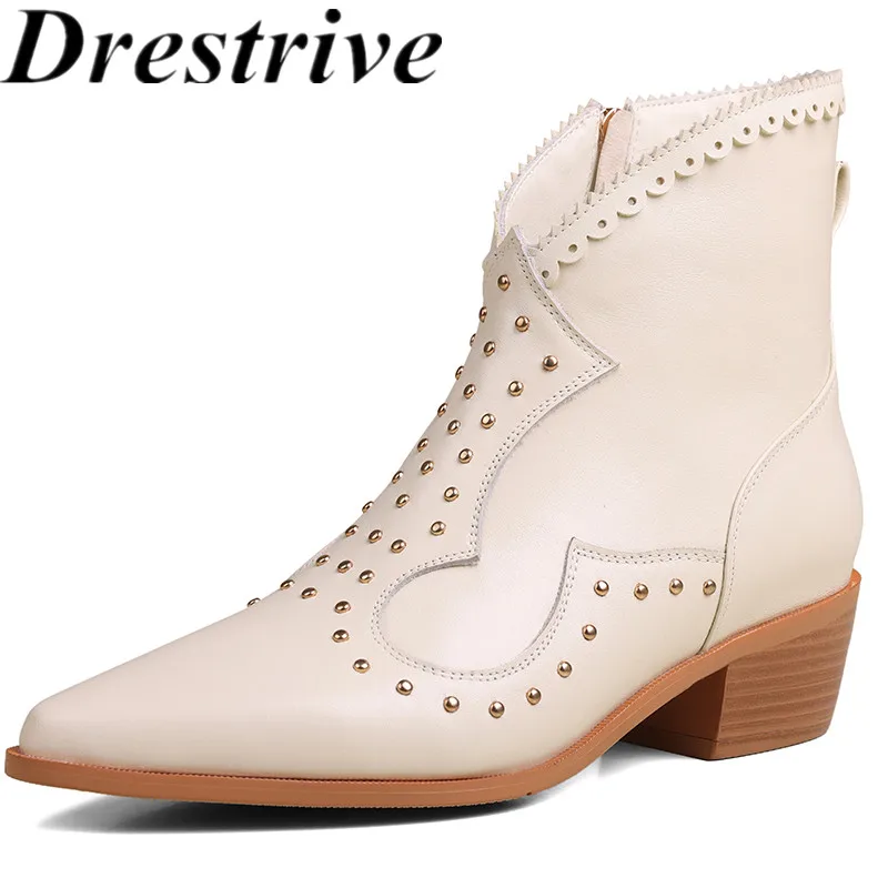 Drestrive 2024 Fashion Women's Ankle Boots Top Quality Pointed Toe Winter Shoes Zipper Thick Mid Heels Pointed Toe Handmade