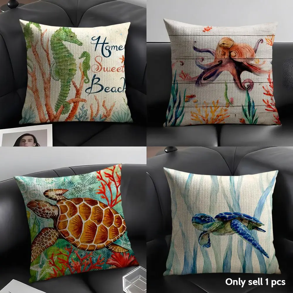Sea Turtle Cushion Cover Natural Linen Organic Fabric Double Sided Print Sofa Pillow Case Home Decor Gift