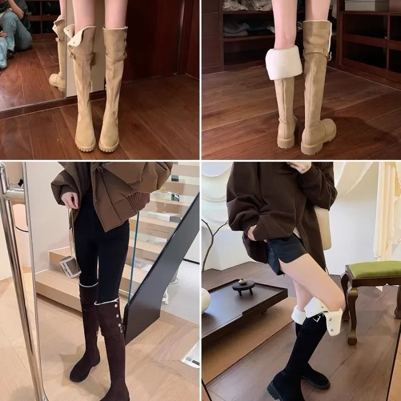 Botas romanas para mujer, aterciopeladas hasta la rodilla, nuevas y minimalistas, con suela gruesa de terciopelo, botas de caballero para otoño e invierno, zapatos de tacón cuadrado para mujer