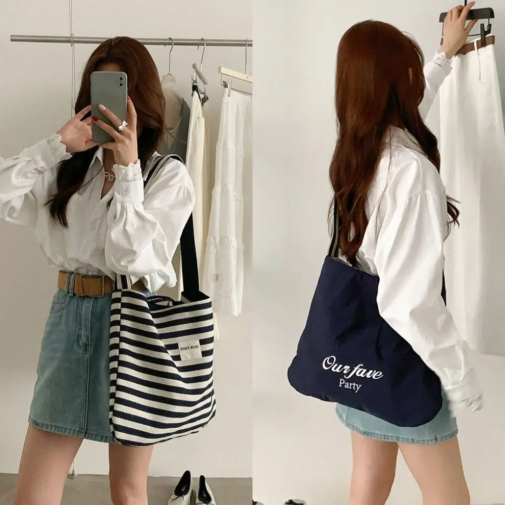 

Sweet Commute Stripe Handbag Letter Strap Canvas Shoulder Bag Large Capacity Korean Style Tote Bag Unisex