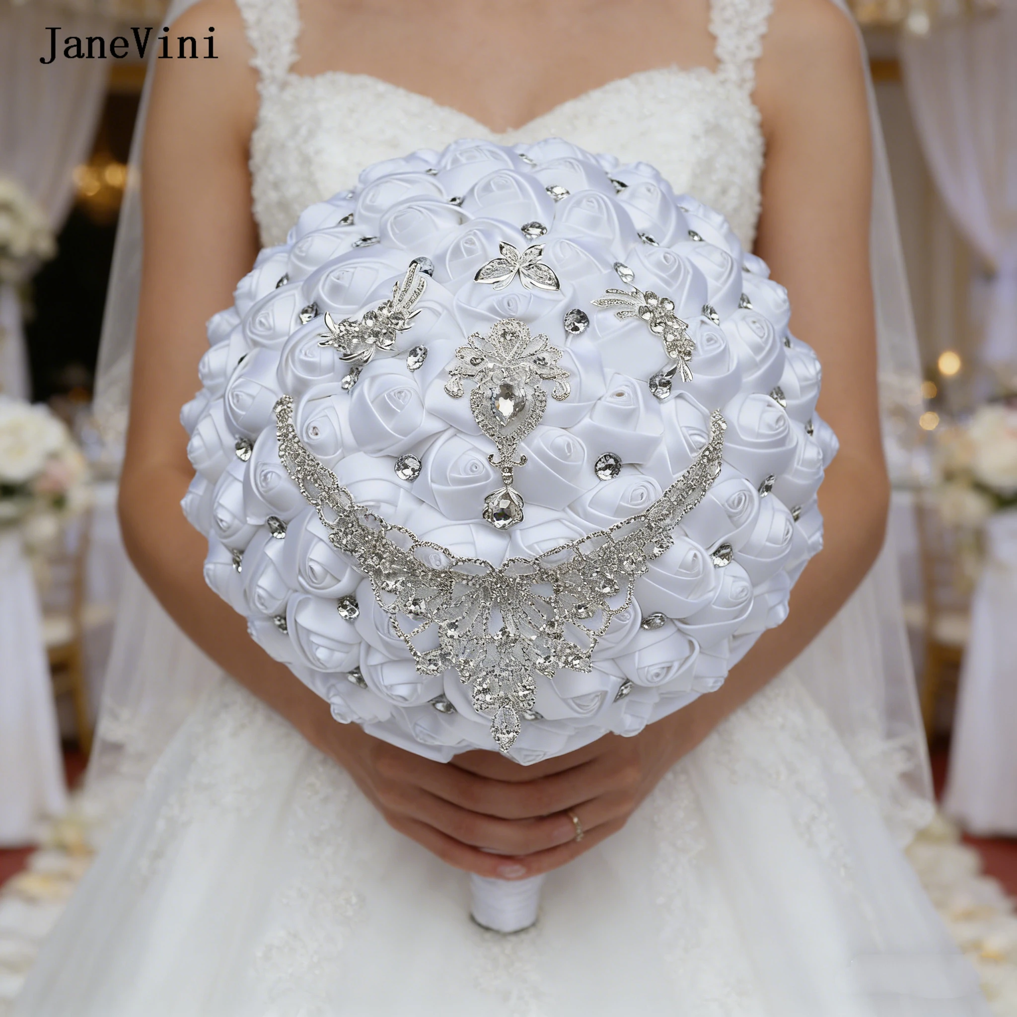 

Новый большой свадебный букет JaneVini 30 см для невесты: белые атласные розы, сверкающие кристаллы, украшения в виде бабочек, свадебный букет 2026