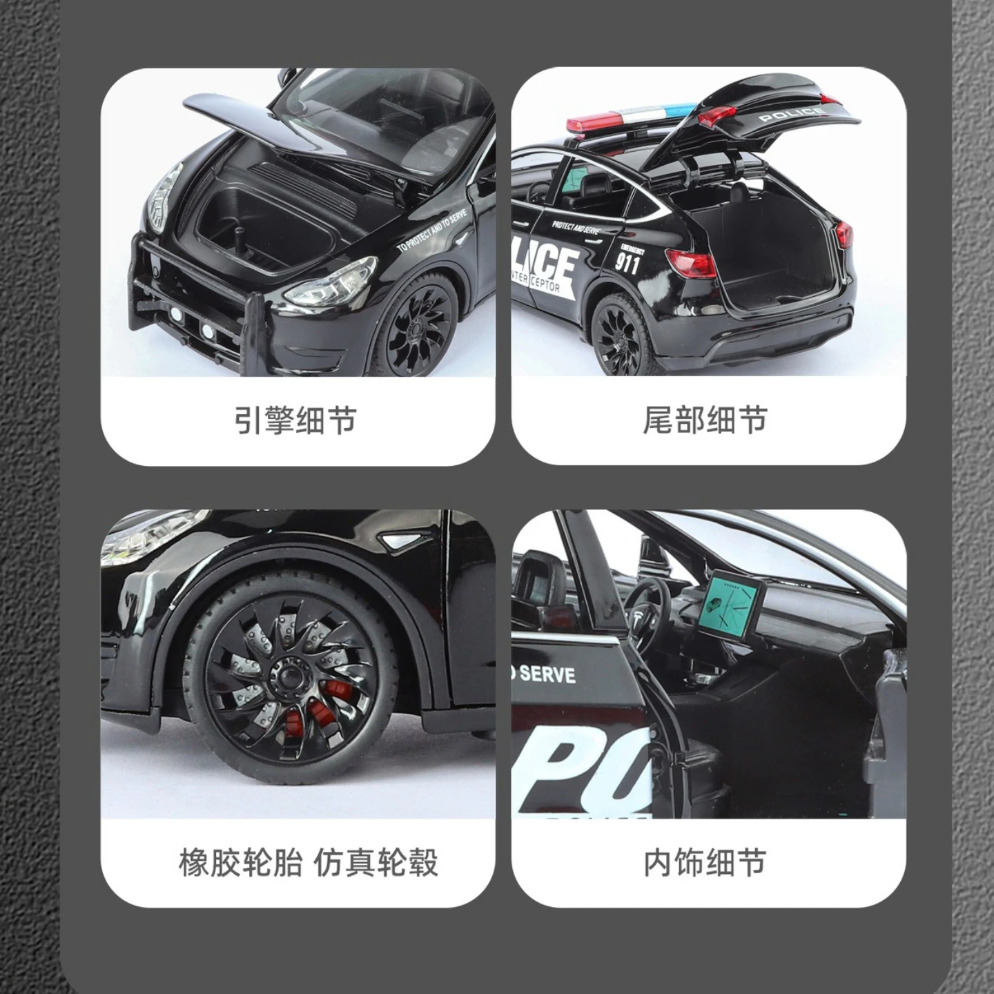 1:24 Model Y Nowa Energia Samochód Policyjny Stop Metal Odlewany Model Samochodu Dźwięk i Światło Pull Back Wysoka Symulacja Prezent Zabawka Samochodowa dla Dzieci