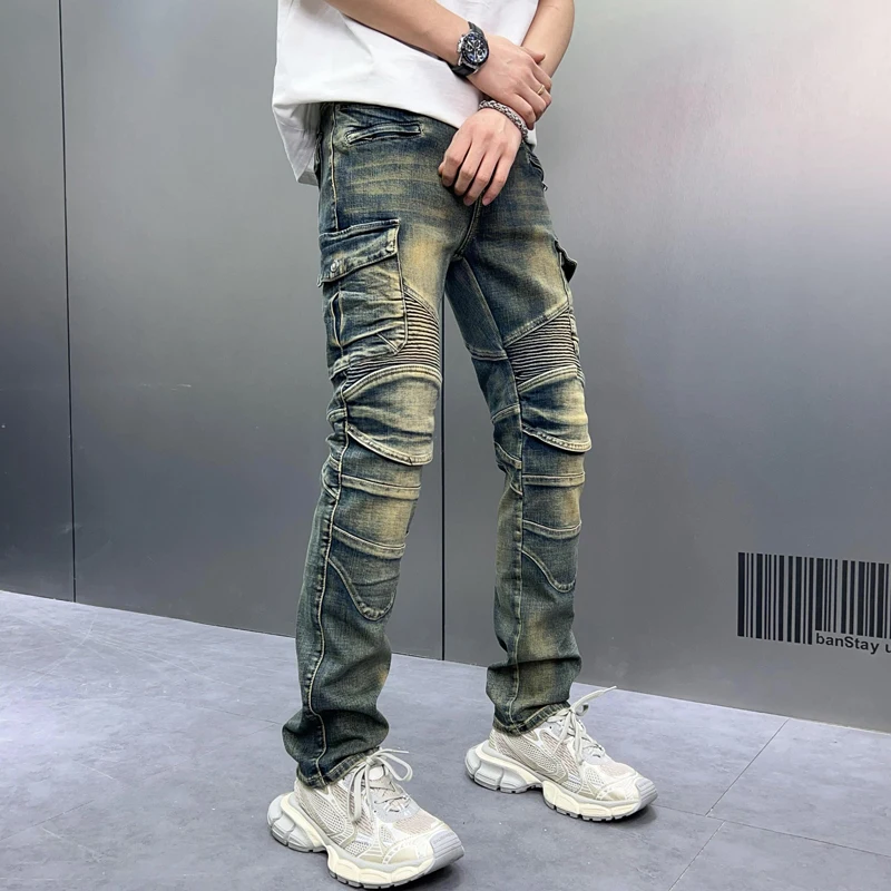 2024 personalized fashion premium black men\'s loose jeans slim fit heavy duty vintage wash men\'s street biker denim pants