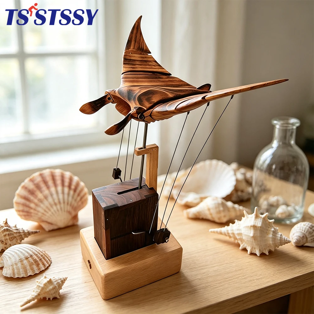 Hand‑Carved Wooden Manta Ray Automata Devil Ray Figurine, Mechanical Art Statue Wood Desktop Ornament Ocean Animal Creative Gift