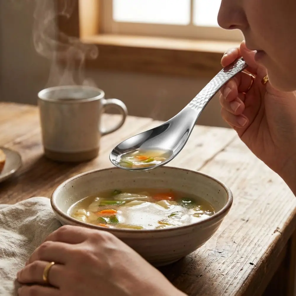 Rust Resistant Hammer Patterned Stainless Steel Spoon Thickened Deepen Soup Spoon with Hanging Hole Dessert Spoon Home Kitchen