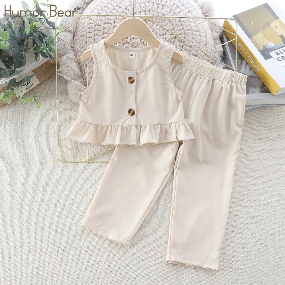 Girls Clothing Simple Sleeveless Set  Button Vest Design +Beige Pants Kids Casual Suits  