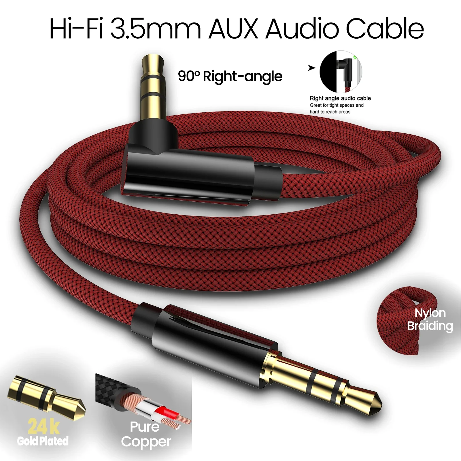 Hi-Fi 3.5mm AUX Cable Red Braided Audio Cord – 4N OFC Conductor, Double Shielded Stereo Cable for Car,Headphones, Speakers, Amp