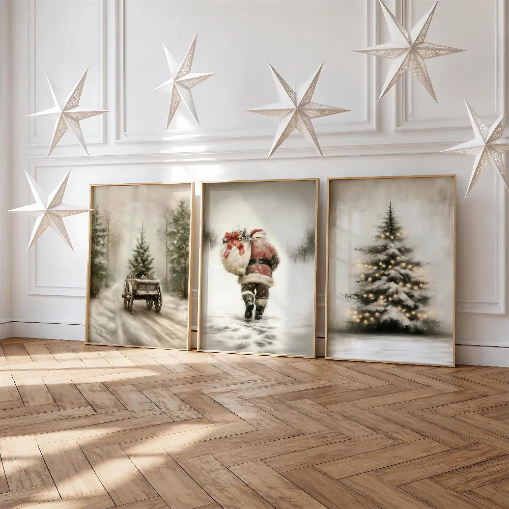 3pcs Frameless,Snowy Christmas Gallery Santa Claus and Pine Forest Tree Prints,Farmhouse Christmas Wall,Comfortable Winter Decor