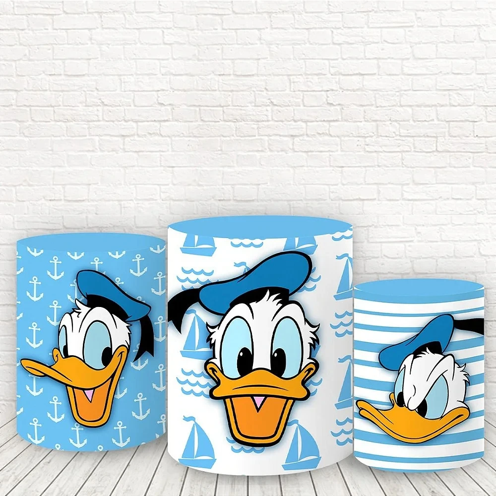 Blue Stripes Boy Birthday Circle Background Cartoon Donald Duck Round Backdrop Cylinder Cover for Kids Party Decoration