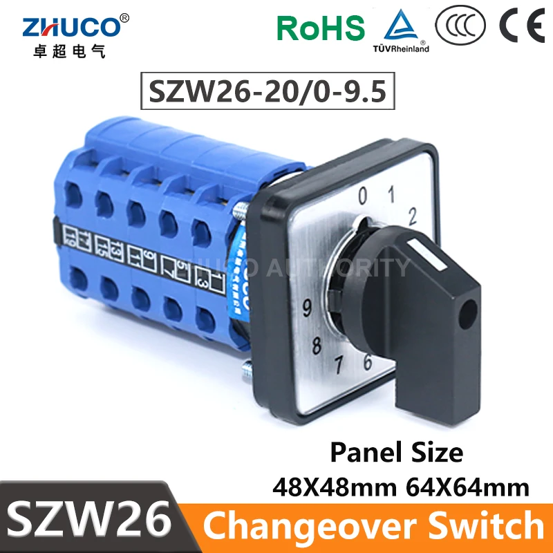 ZHUCO SZW26/LW26-20/0-9.5 Power Cam Switch Selector Controller 20 Terminals 5 Poles Multi-Pole Rotary Isolation Switch 20A 660V