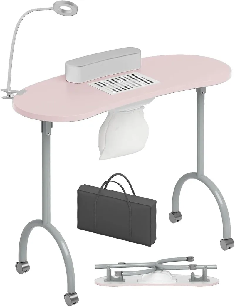 Foldable Manicure Table with Dust Collector Fan, LED Lamp, 4 Lockable Wheels and Carry Bag, P