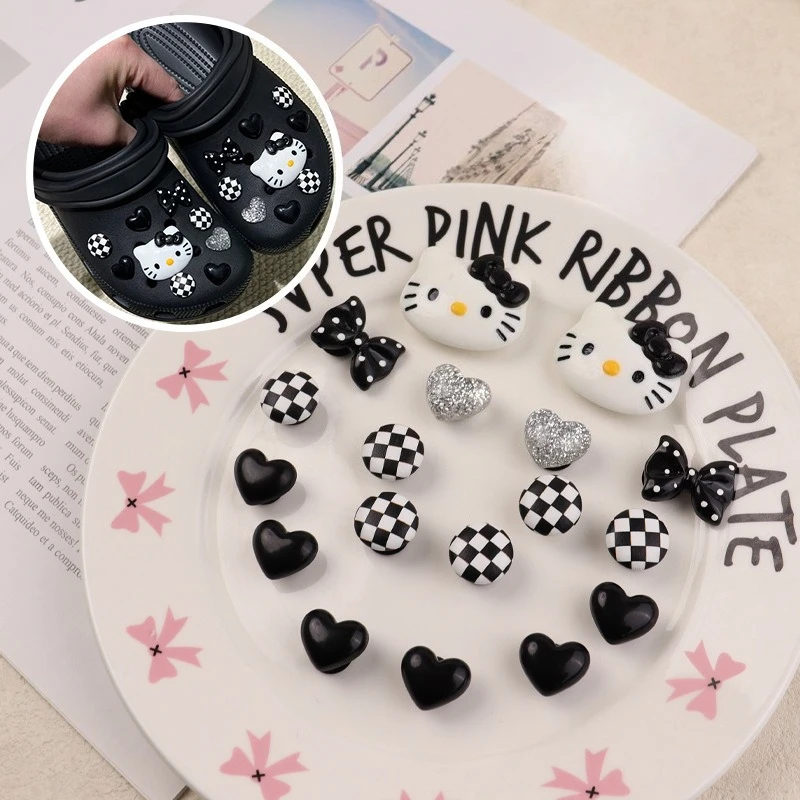 MINISO Hello Kitty Shoe Charms Set Black & White Theme KT Cat Girls Women Sandals Accessories Hole Shoes Slippers Decoration image 6