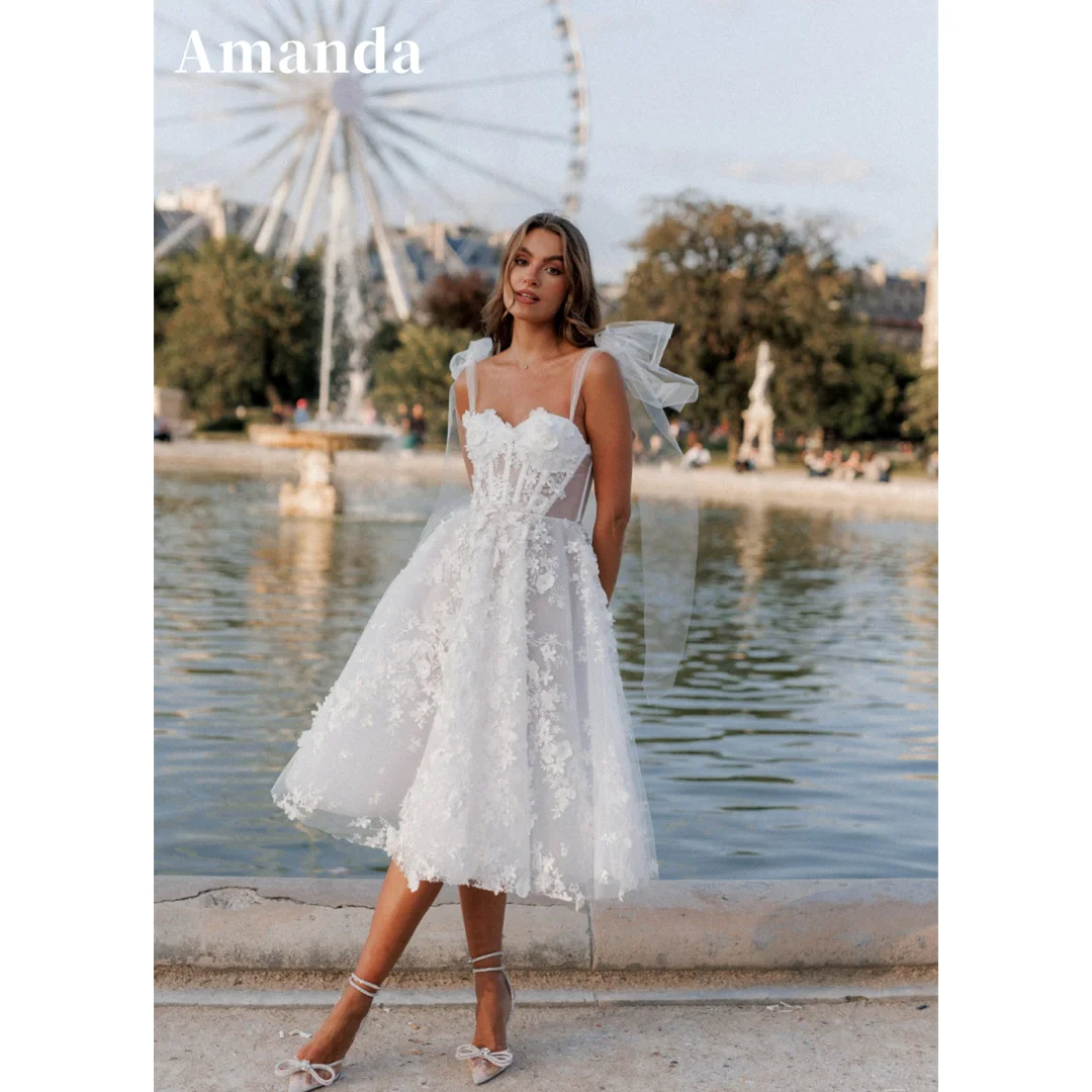 Amanda princesa hasta la rodilla A-line Vestidos De Novia 3D flor encaje vestido De Novia arco en correas tul personalizado Robe De Mariée