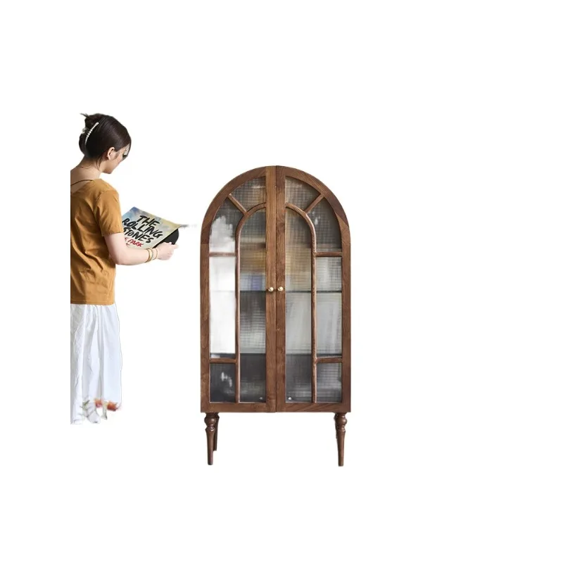 

French retro solid wood dining side cabinet, living room display chest cabinet, medieval furniture, glass side cabinet