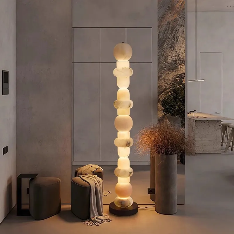 Spanish Natural Marble Floor Lamp Placed Beside The Sofa Living Room Stacked Sugar Cane Sticks Lampshade Floor Lamp  Living Room