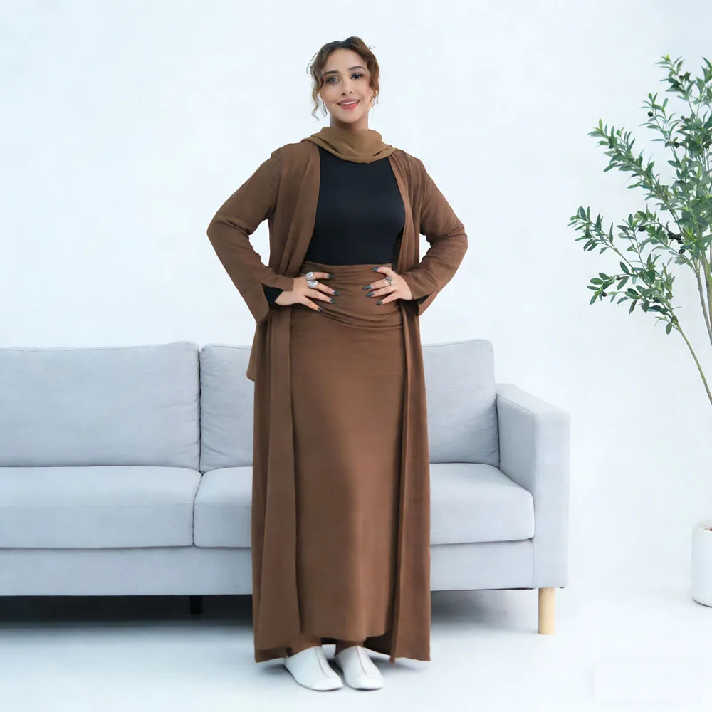 

Комплект из 2 предметов для женщин на Ид: длинный кардиган и юбка, открытая абайя в стиле Дубай, турецкий кафтан, исламская джалабия, скромная одежда-кимоно