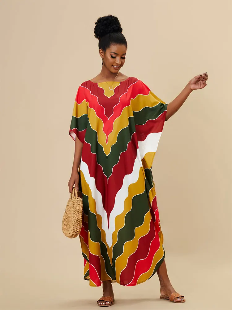 Moroccan Kaftan Boho Rainbow Print Sexy Batwing Sleeve Long Dresses 2024 Summer Women Clothing Beachwear Casual Maxi Dress Q1435