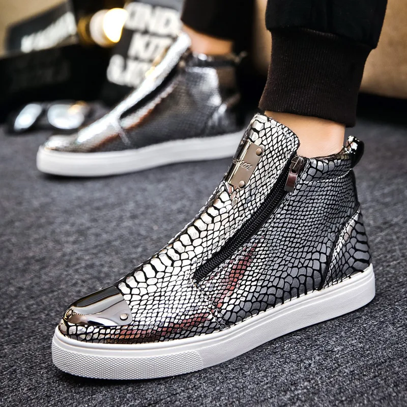 Fashion Zipper Men High Top Sneakers Luxury Gold Glitter Men Brand Sneakers Crocodile Leather Designer Men\'s Vulcanized Shoes