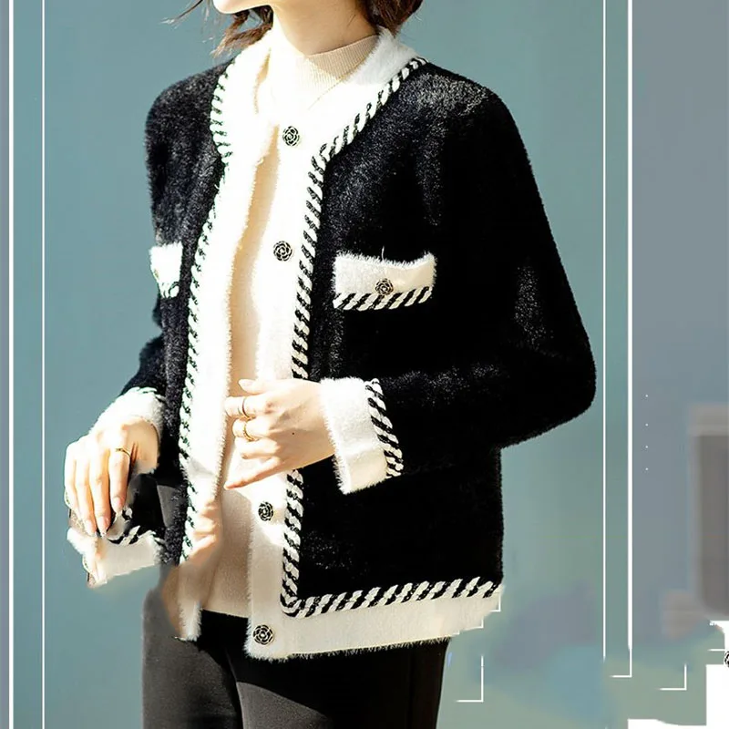 Autumn Winter Lady Round Neck Imitation Mink Fur Coat Women Color Collision Knitted Cardigan 2024 Female Long Sleeves Sweater