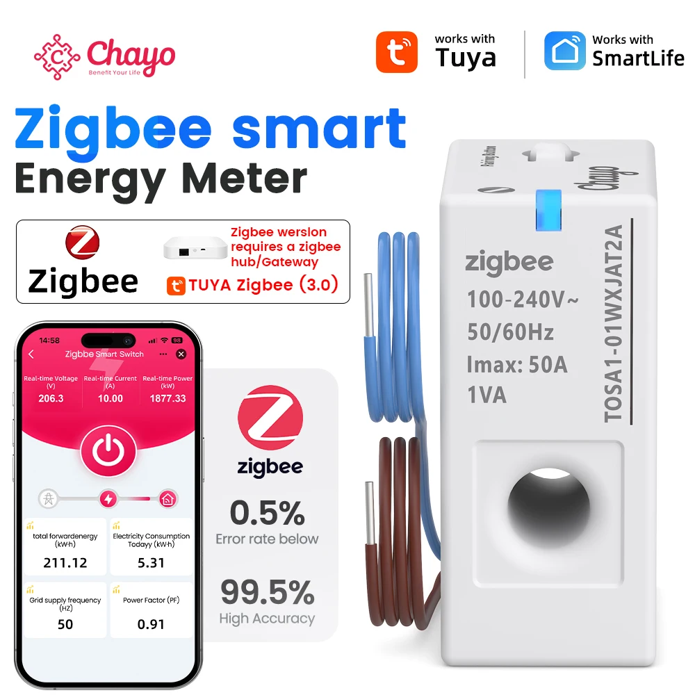 Chayo Tuya Zigbee Smart CT Energy Meter, 1-50A Real-Time Energy Monitor, Prepaid Alarm, DIN Rail Plug-in, Smart Life App Control