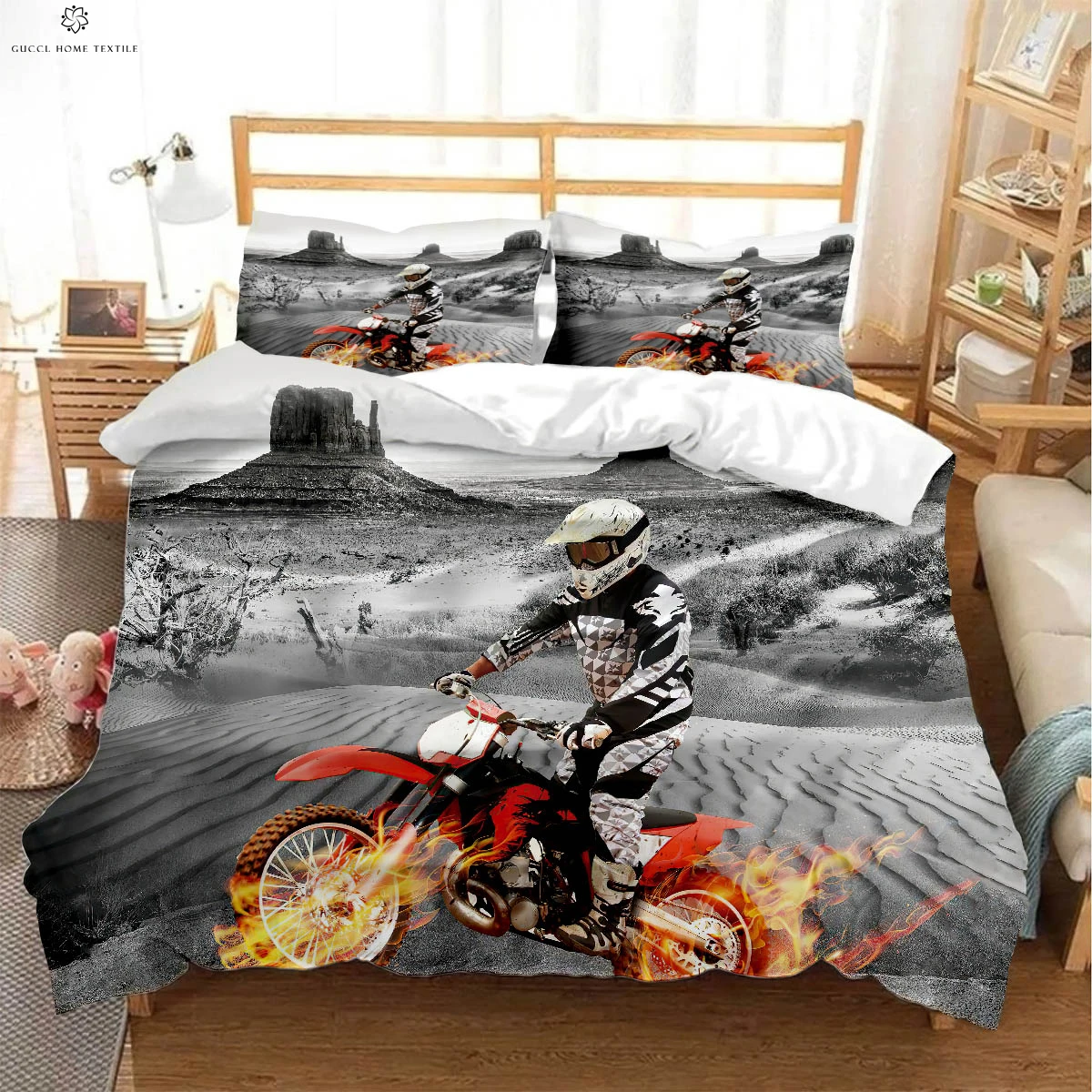 

Racing Desert Motorcycle 3D Printing Quilt Cover Bedding Set Quilt Cover Pillowcase Three-piece Set Machine Washable