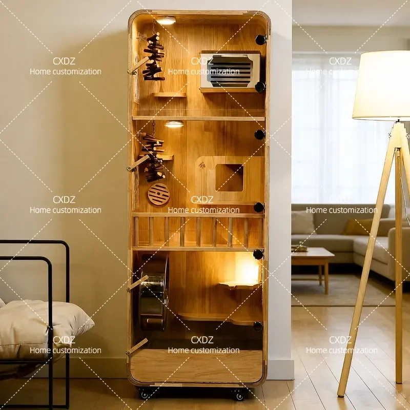 Solid Wood Chinchilla Cage Luxury Pet Villa with Ice Nest and Cooling House Custom Large Household Animal Enclosure Cabinet