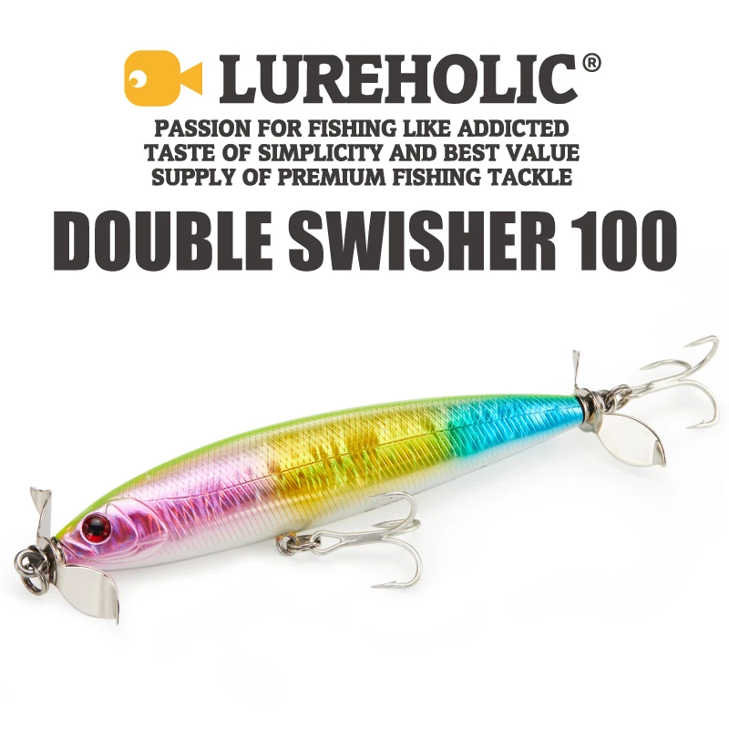 LUREHOLIC 10cm 15g doble Swisher Topwater señuelo salpicaduras natación acción espía cebo duro Popper Tractor planeador cebo con gancho Mustad
