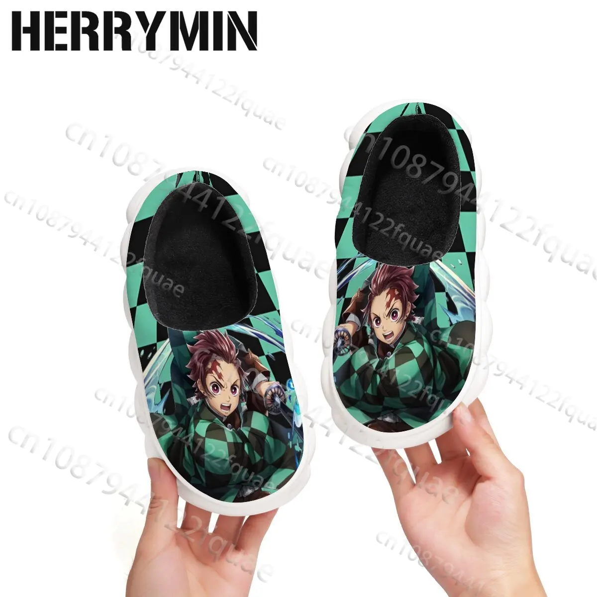 Kamado Tanjirou Kawaii Japanese Anime Boy Closed Heel Slippers Cloud Pillow Thick Sole Soft Fleece Warm Home Children Shoes