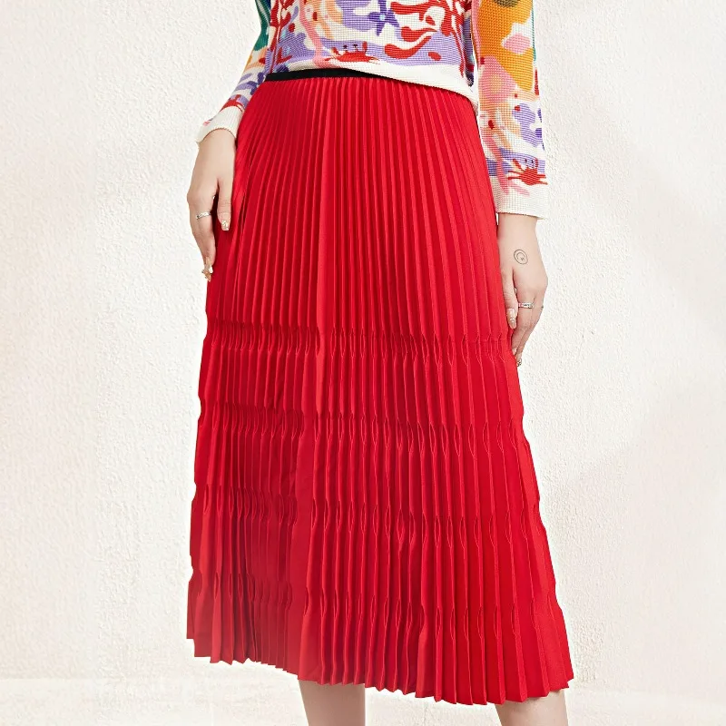 Miyake A Pieghe 2026 Primavera e L'Estate Nuovo Stampaggio Stereoscopico Retro Rosso Gonna A Pieghe Femminile di Nicchia A-line Bustier Gonna Pieghe