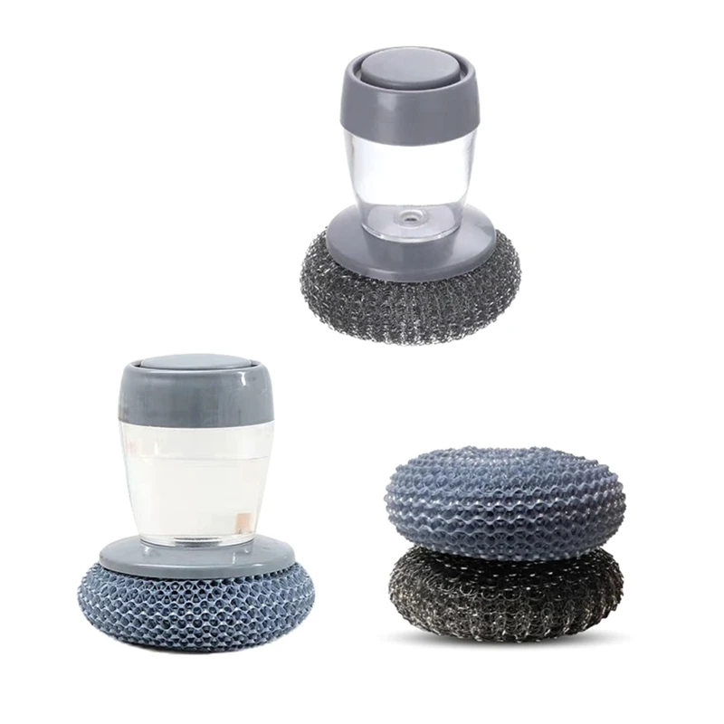 Soap Dispenser Brush For Kitchen Sink Pot Oven Dish Scrubber With Holder Push-Type Liquid Adding PET Wire Ball Pot Brush Durable