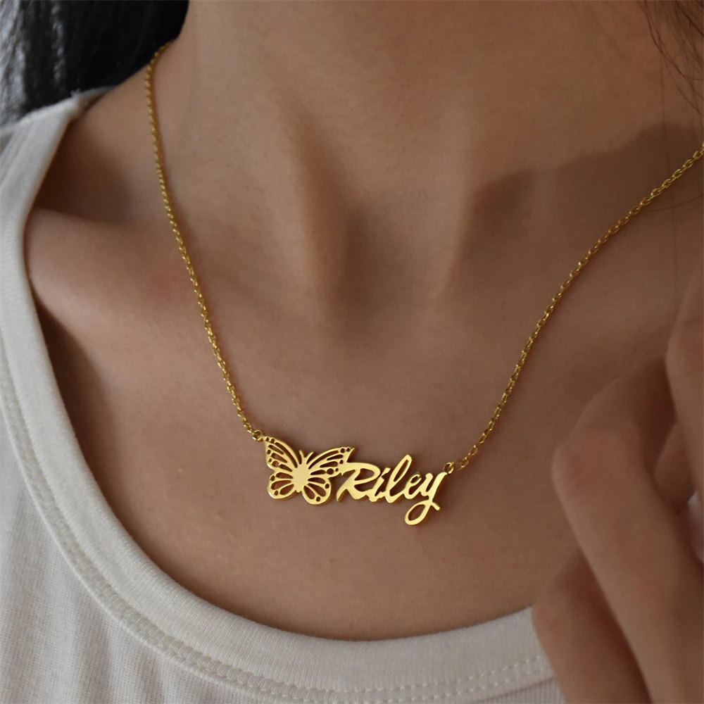 

Trendy Name Necklace With Butterfly Necklace Personalized Custom Name Necklaces for Women Girls Gold Color Initial Letter Choker