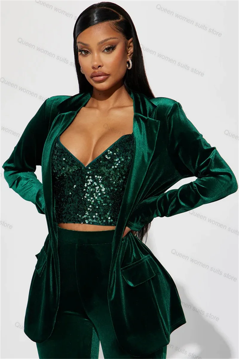 Green Velvet Women Suit Pants Set 2 Piece Blazer+Trouser Formal Office Coat Customized Wedding Tuxedos Autumn Prom Dress Jacket