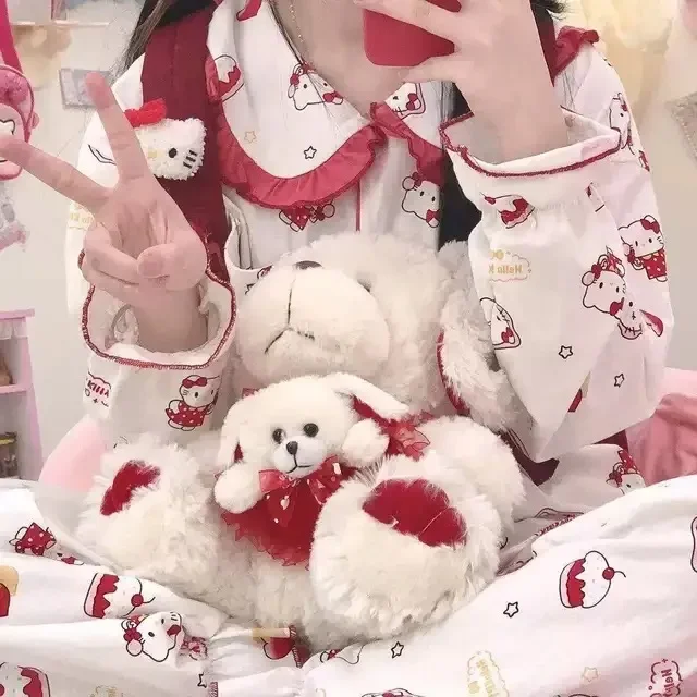 2022 sanrio hello kitty mulheres camisola de algodão primavera outono bonito menina casual dos desenhos animados pijamas define menina dos desenhos animados roupões