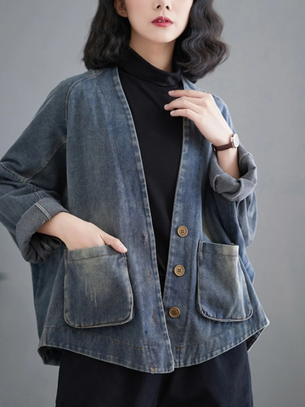 

European Style plus Size Women's Short Jacket Spring New Personality 3D Pocket Loose Retro Denim Outerwear Comfortable Coat