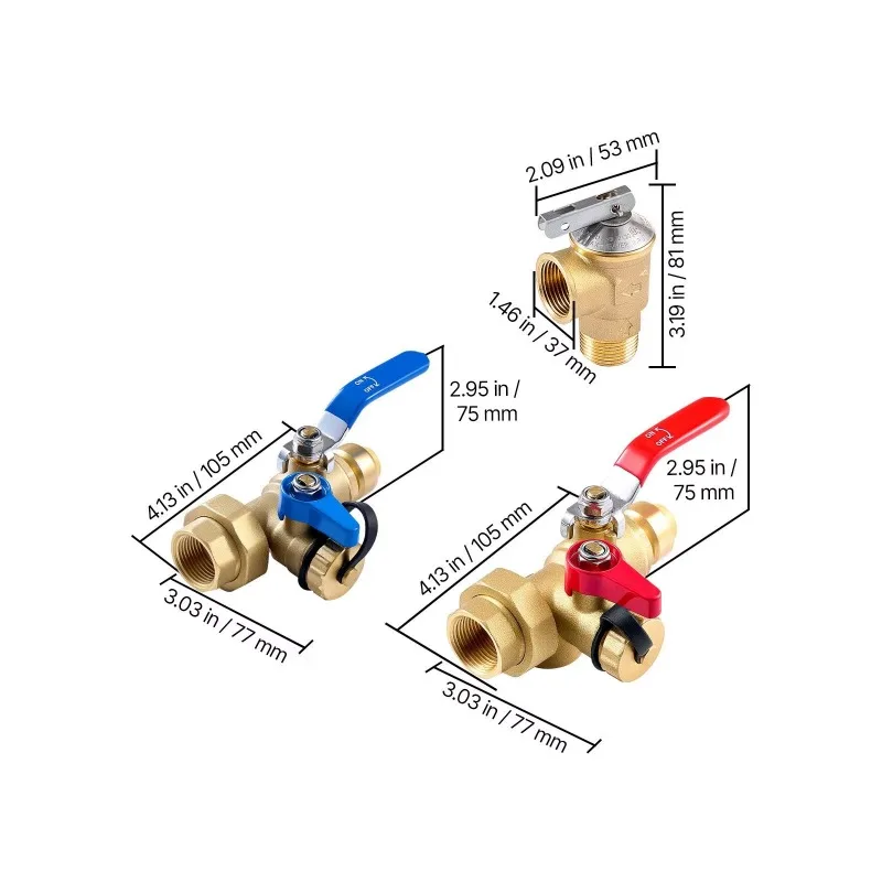 3/4 inch tankless water heater service valve kit 2 pieces, isolation valve, pressure relief water heater accessories