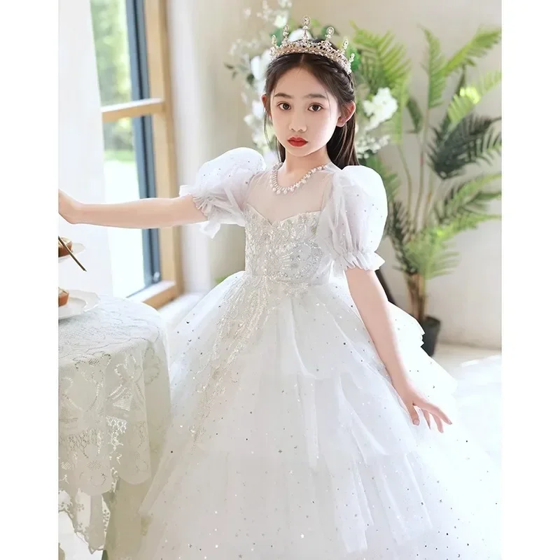 2024 New Pink Super Immortal Pengpeng Sha Princess Flower Girl Piano Performance Dress Little Girl Model Walk Show Dress