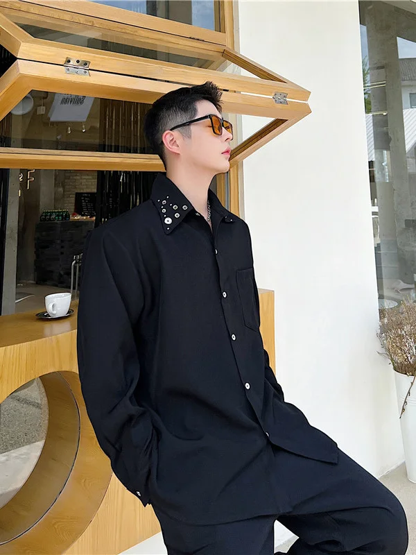 

Men's irt Spring New Sle Faionable Individual Small Design Collar Multi-Metal Bule Loose Fit Long Sve