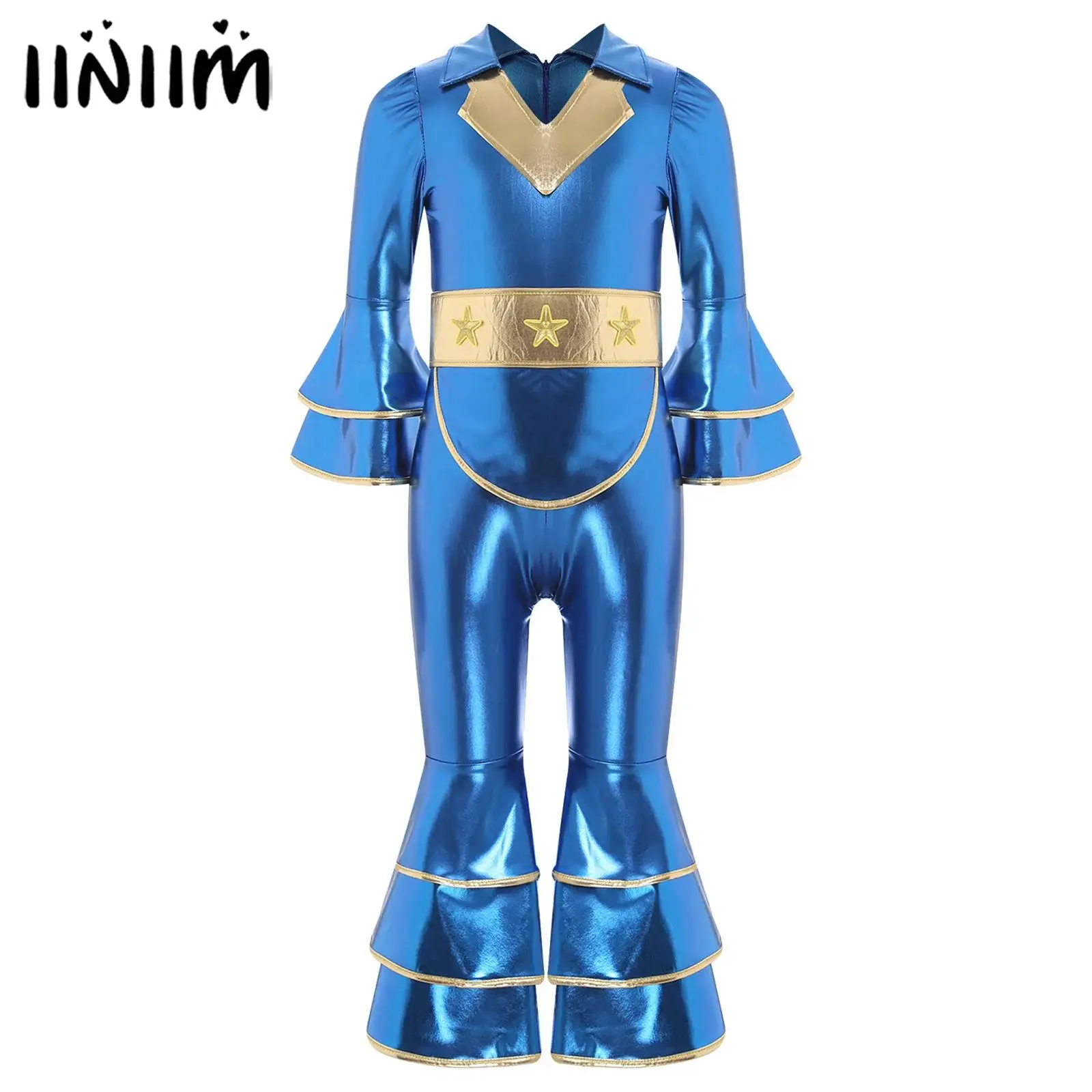 

Kids Girls Boys Metallic Gloss Disco Jumpsuit Layered Flare Cuffs And Opening Legs Hip Hop Jazz Dance Performance Costumes