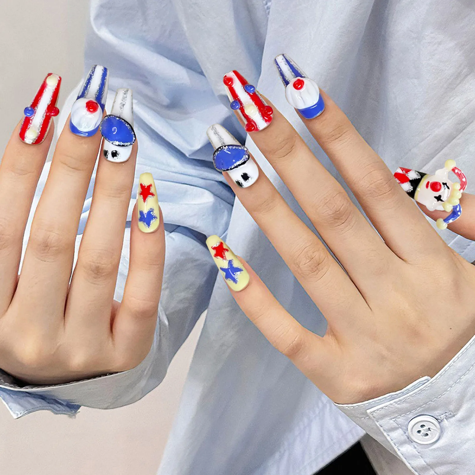 Uñas postizas de payaso 3D hechas a mano, decoración de estrellas, parches de uñas postizas largas, Ballet, desmontables, 10 piezas