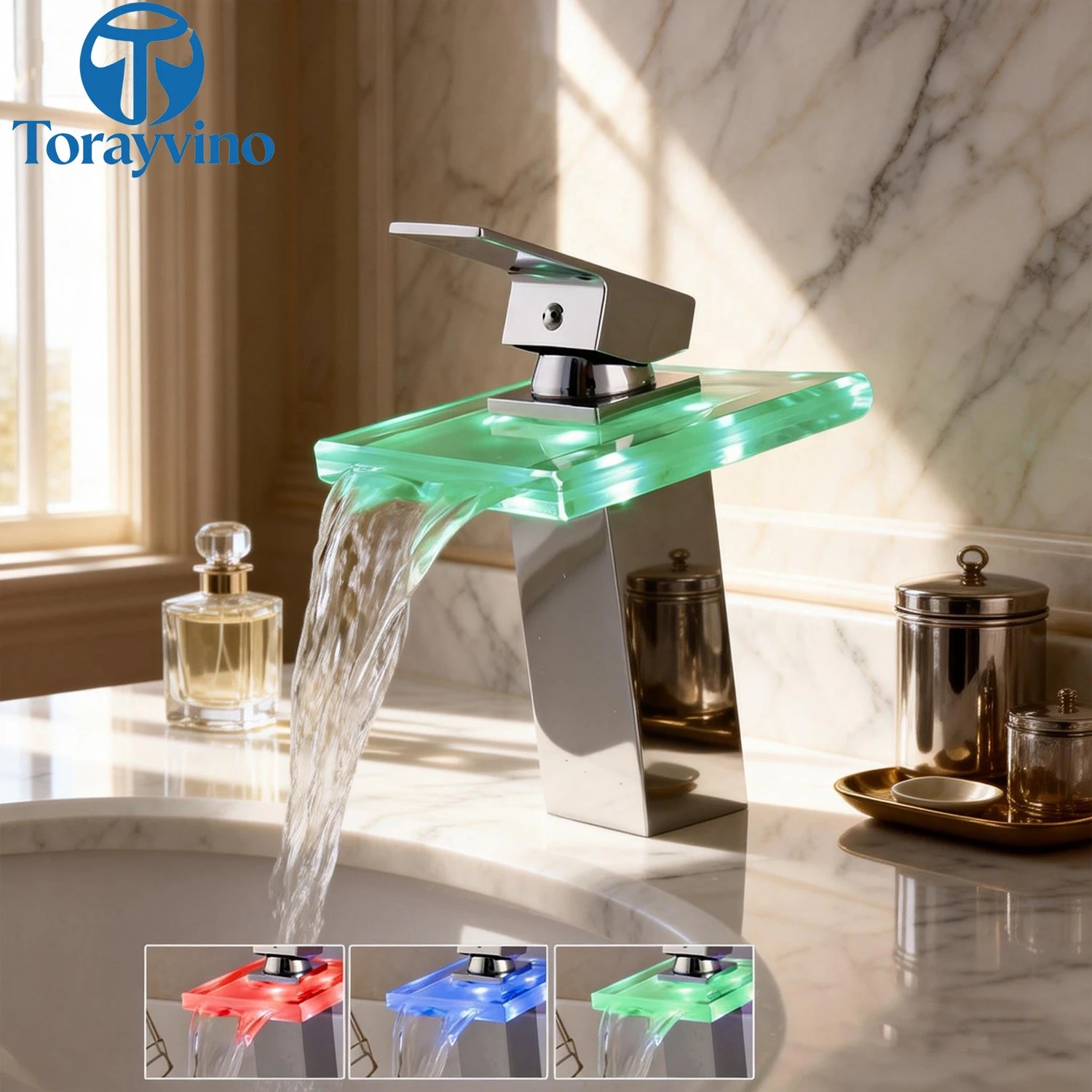 Torayvino LED Light Deck Mounted Bathroom Faucet Waterfall Basin Tap Glass Spout Mixer Taps Chrome Single Hole Handle Faucets