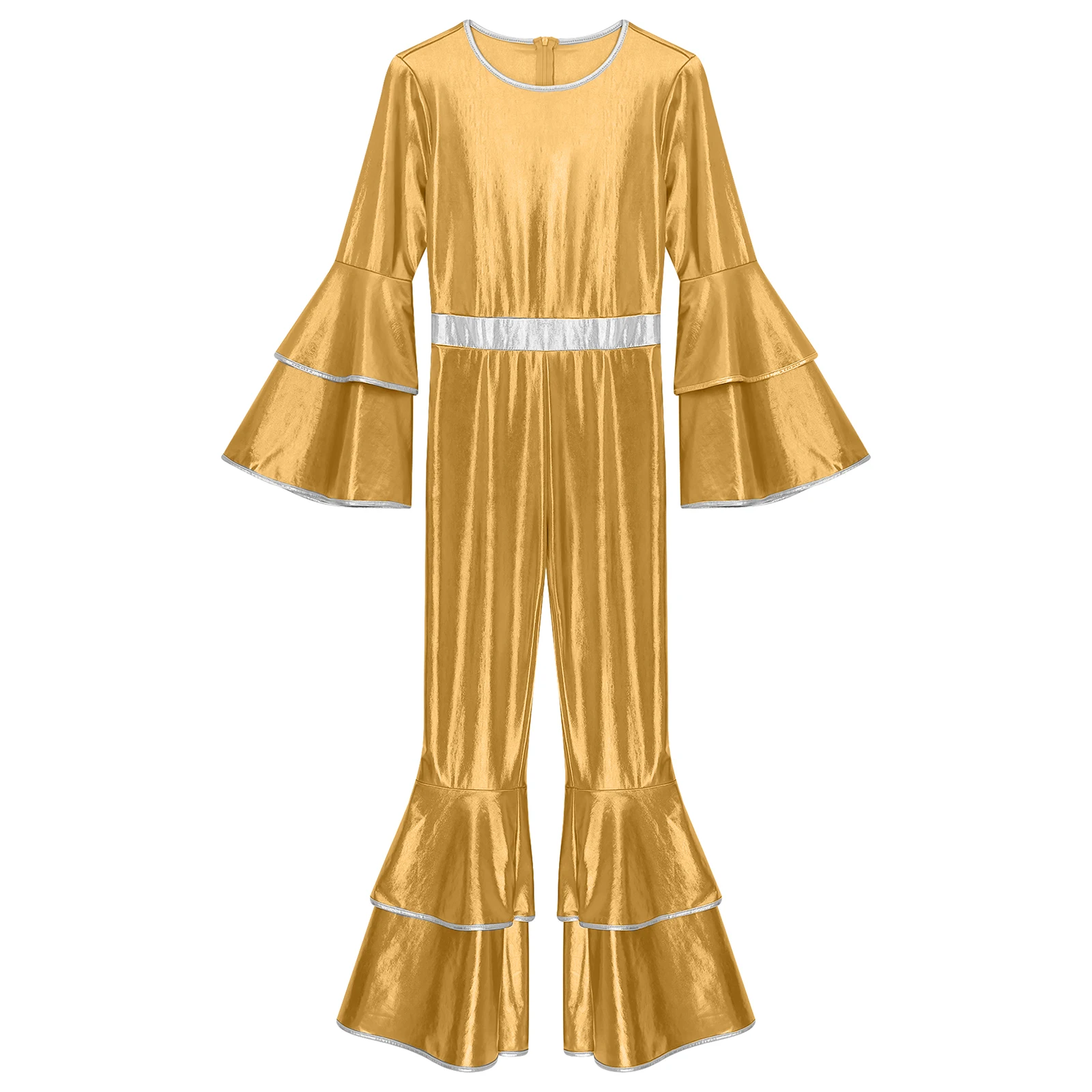 Womens Vintage 70S Disco Costumes Metallic Shiny Cosplay Jumpsuit Tiered Flare Sleeve Bell Bottom Hippie Romper Stage Dancewear