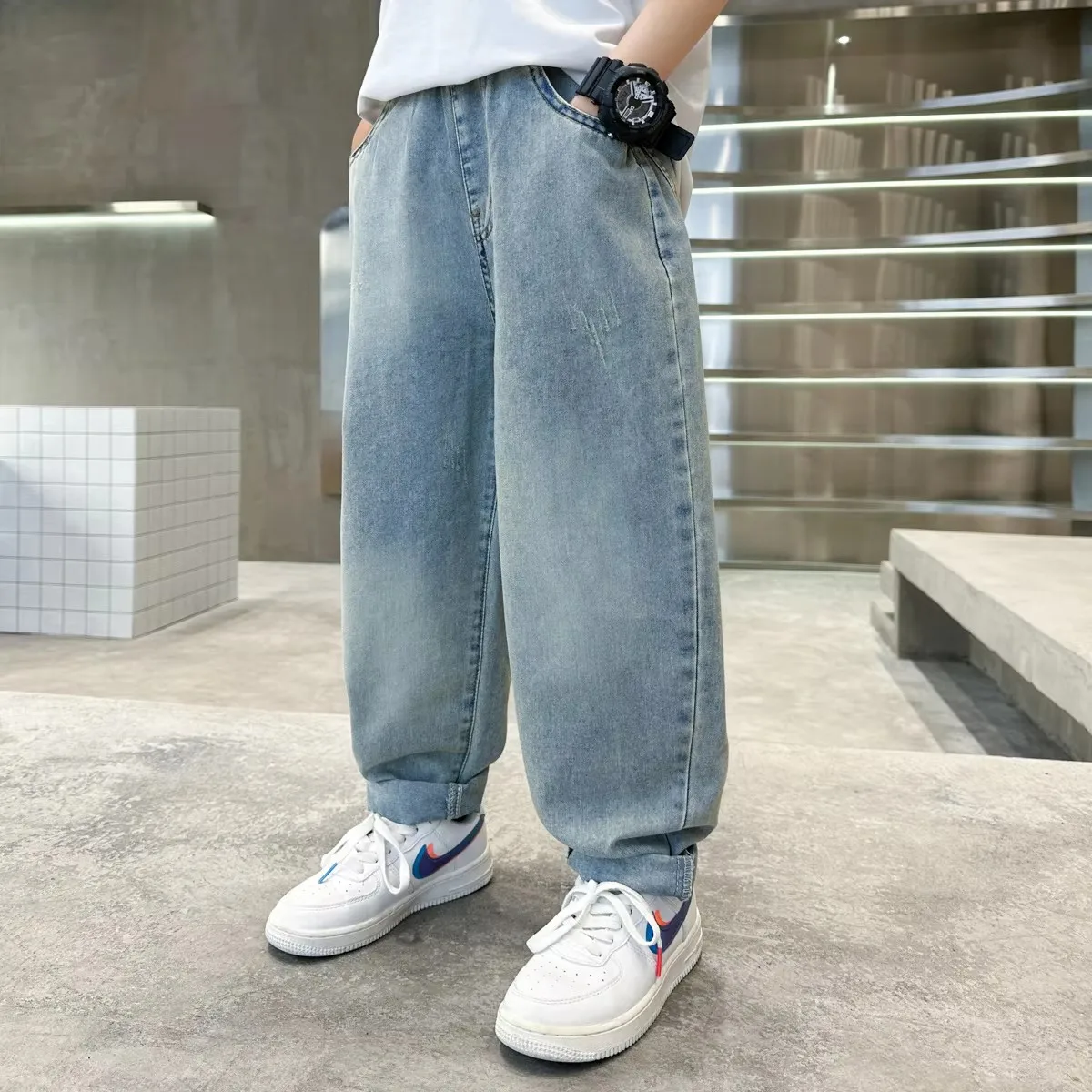 2025 Spring Cool Child Jeans for A Boy Straight Cut Harem Jeans Pants Kids Cargo Denim Trousers 5 6 7 8 9 10 11 12 13 14 Years