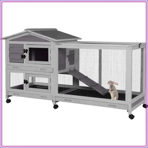 Large Rabbit Hutch Indoor Outdoor Wooden Bunny Cage with Wheels 62'' Mobile Guinea Pig Habitat Grey