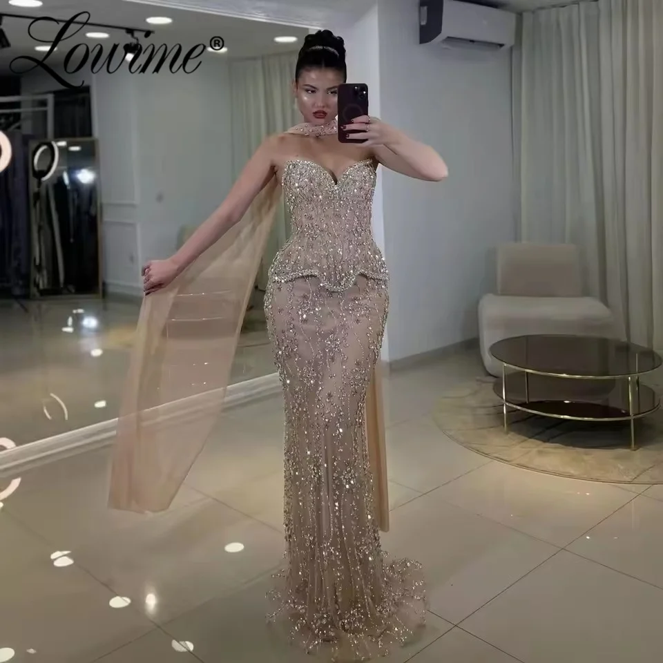

2026 Customized Champagne Evening Dresses Pink Orange Full Crystals Party Dress Arabic Long Prom Gowns Luxury Celebrity Dresses