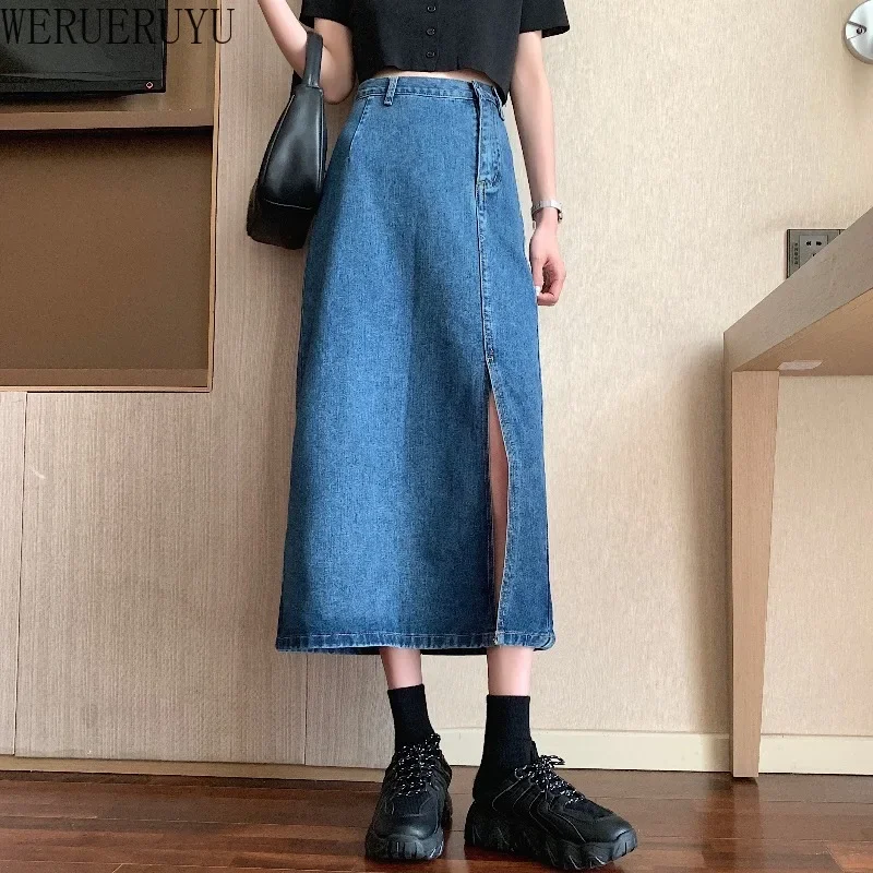 WERUERUYU European And American Fashion Vintage Distressed Denim Ladies Skirt Wash Water Blue High Waist Temperament Denim Skirt