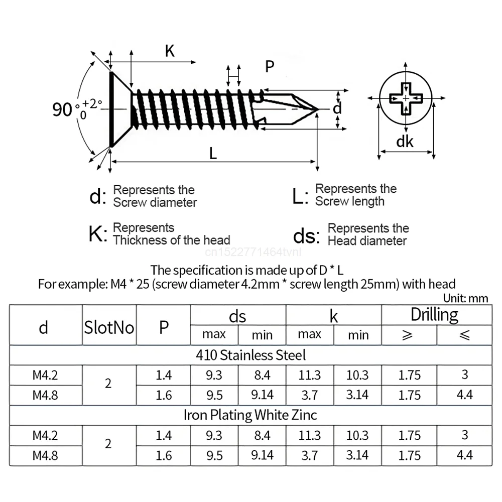 30pcs phillips flat head self drilling screw 410 stainelss steel zinc plated M4.2 M4.8 hardiflex screw for sheet metal