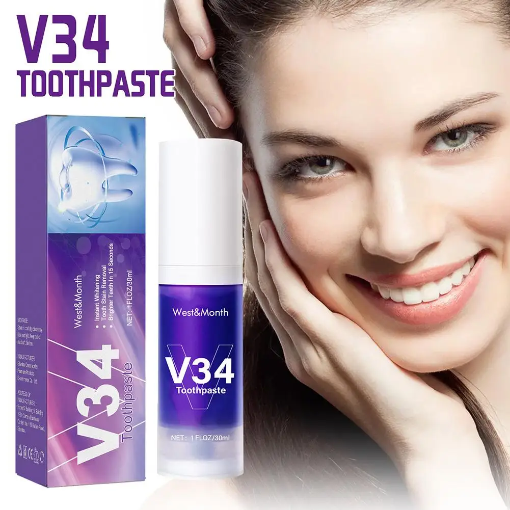 30ml Teeth Whitening Toothpaste V34 Color Tooth Correction Whitener Teeth Purple Non-Invasive Whitening Toothpaste Gum Oral Care