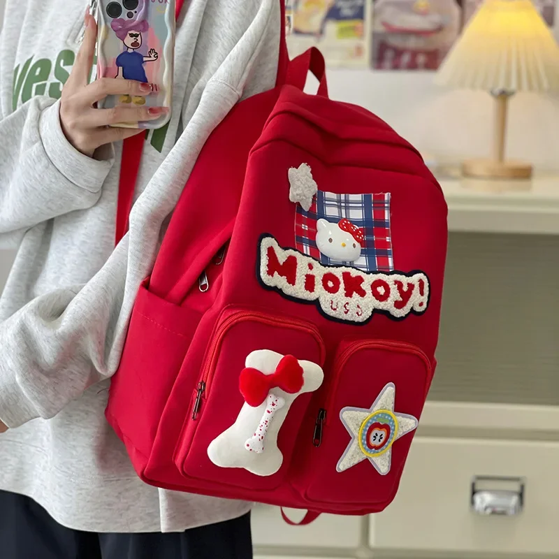 Sanrio Hello Kitty New Cartoon Cute Student School Bag Red Large Capacity Fashion Beautiful Girls Backpack Casual Going Out