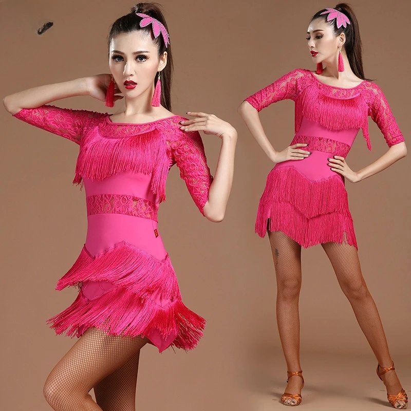 Sukienka do tańca latynoamerykańskiego z koronką i frędzlami, strój konkursowy do tańca towarzyskiego dla kobiet